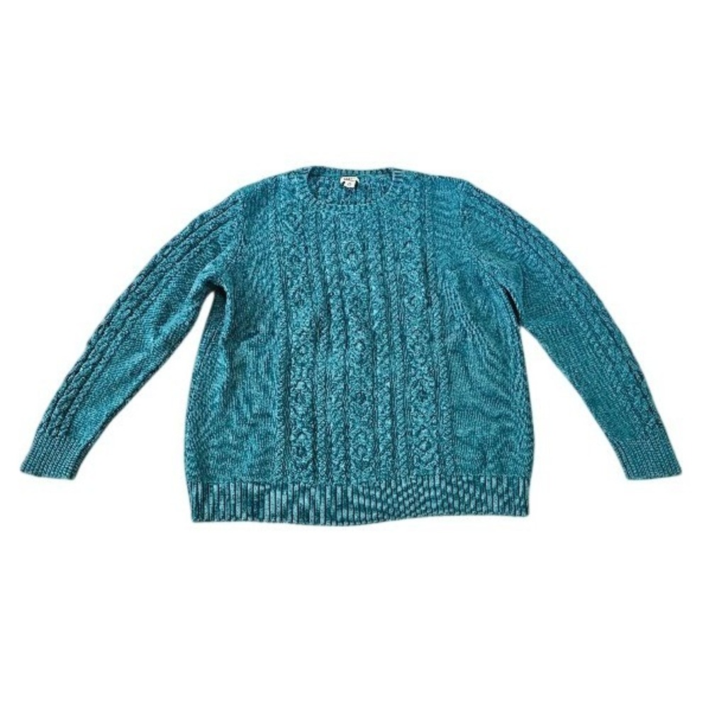 L.L. Bean Cable Knit Sweater Womens XL Teal Blue Cotton Crewneck Pullover